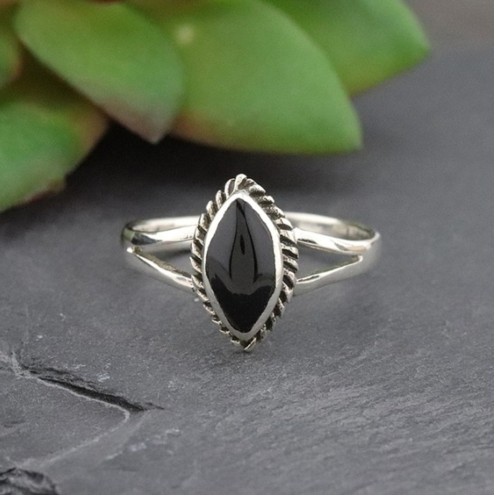 Sterling Silver & Synthetic Onyx Marquise Ring